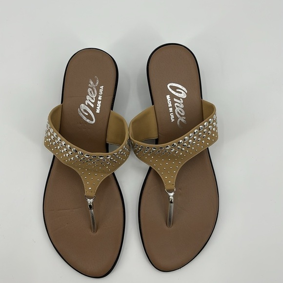 Onex Rhinestone Embellished Thong Sandals Slides Tan Made in USA size 10 - Picture 2 of 5